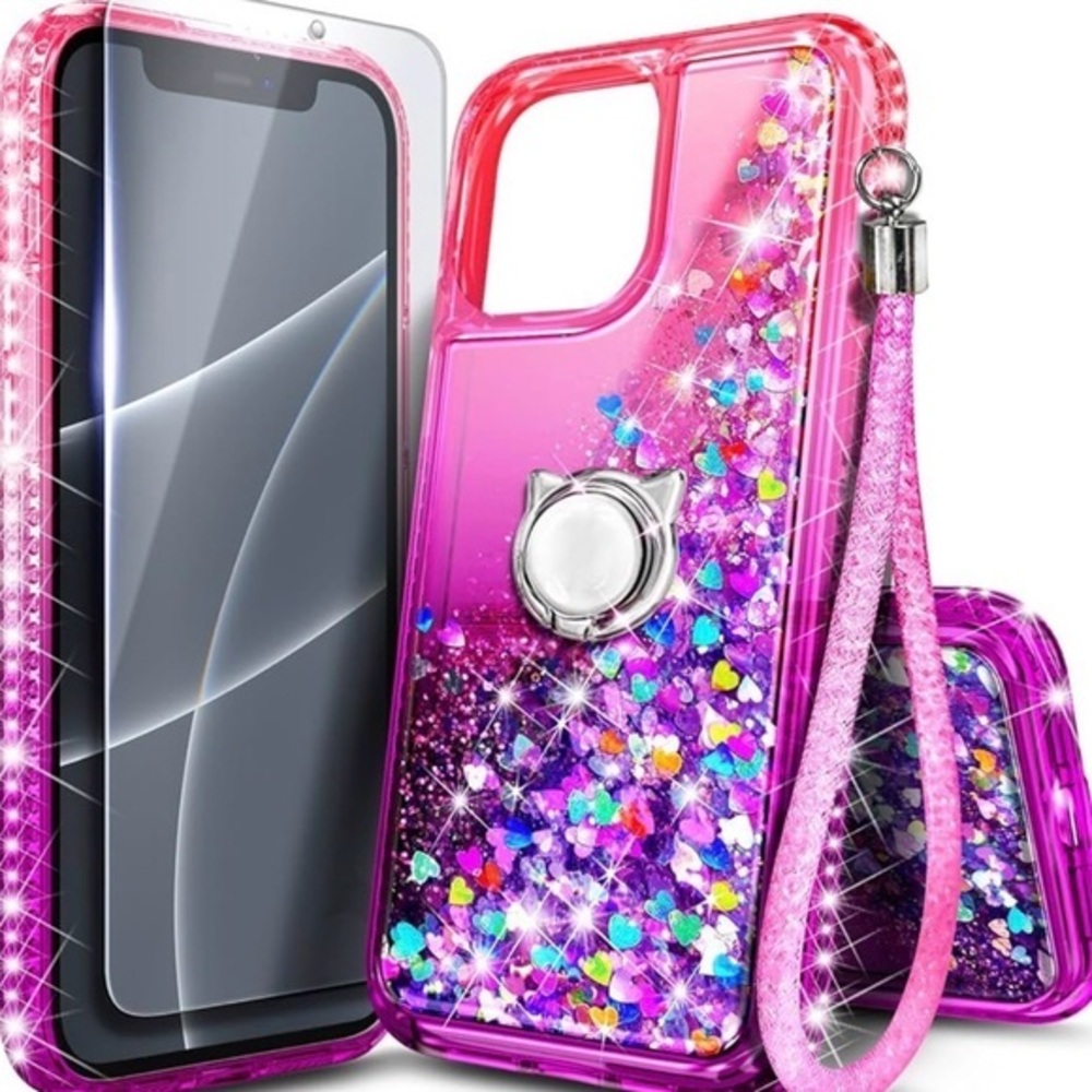 🅽🅴🆆 iPhone 14 Pro case with grip & wrist strap - pink/purple glitter